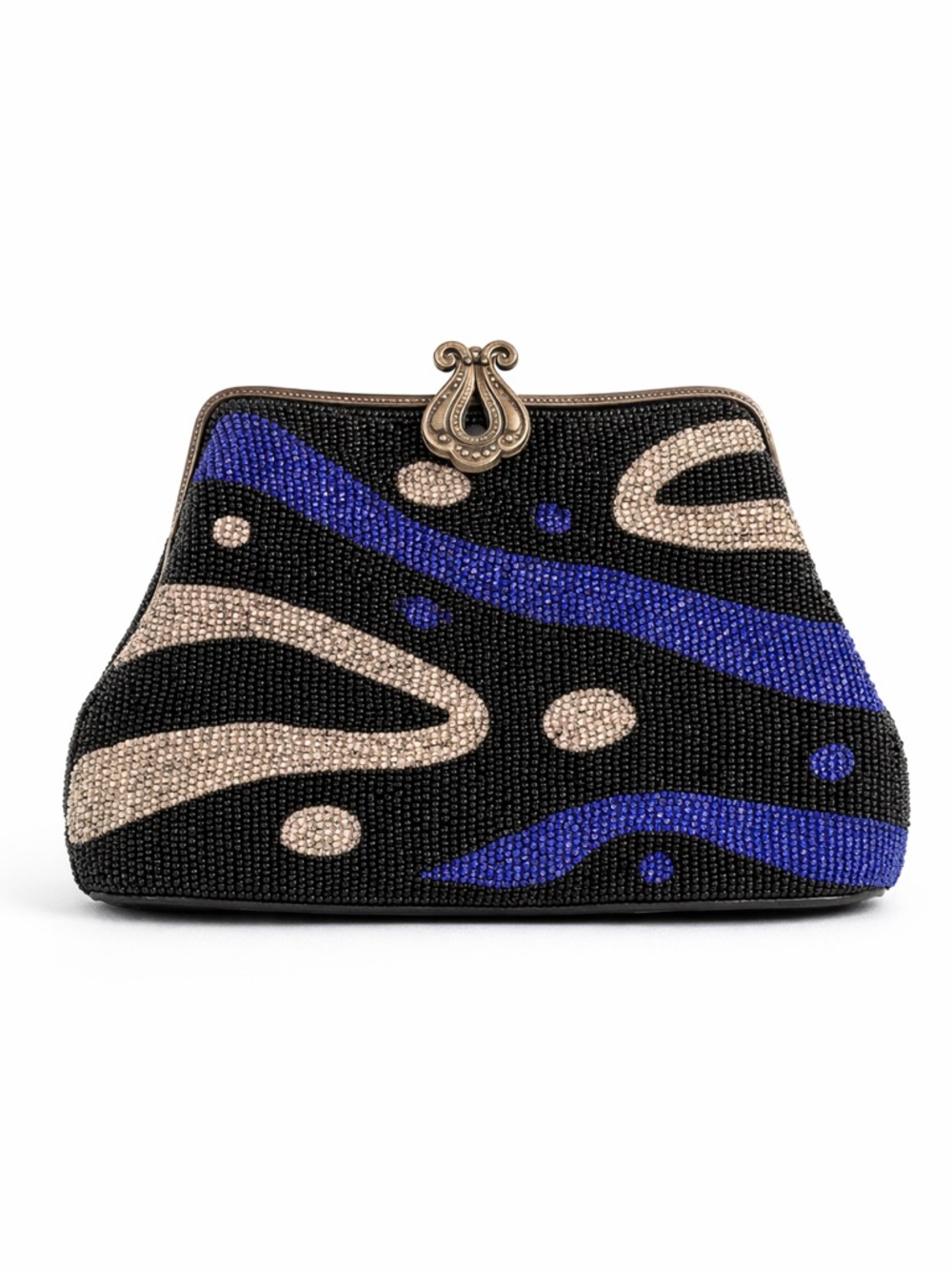 Vintage Beaded Black Evening Crossbody Bag with Blue Accents